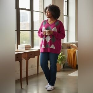 St. John's Bay V-Neck Argyle Sweater - Pink, Gray, and White